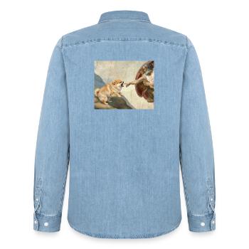 Dog God Hand Pomeranian Dog meme - Men’s Organic Denim Shirt by Stanley/Stella - light wash - Back - AI Model Male 185 light (185cm)