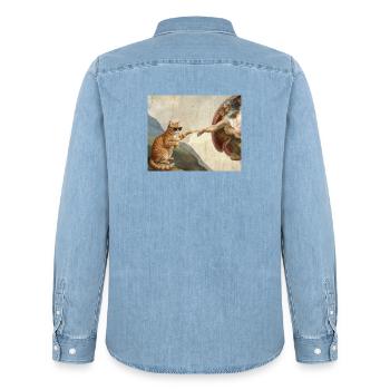 Cat Slaps God's Hand Funny Cats Meme - Men’s Organic Denim Shirt by Stanley/Stella - light wash - Back - AI Model Male 185 light (185cm)