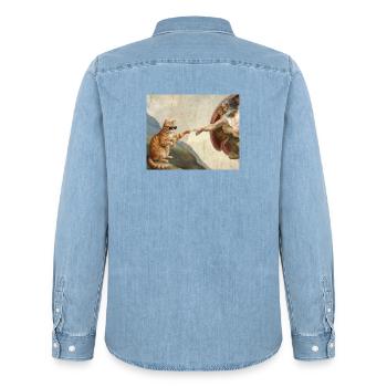 Cat Slaps God's Hand Funny Cats Meme - Men’s Organic Denim Shirt by Stanley/Stella - light wash - Back - AI Model Male 185 light (185cm)