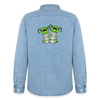 2 Caterpillar Middle Finger Insult Sunglasses Team - Men’s Organic Denim Shirt by Stanley/Stella - light wash - Back - AI Model Male 185 light (185cm)