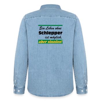 Traktor , Trecker , Schlepper Leben sinnlos .(25) - Männer Jeanshemd Organic von Stanley/Stella - verwaschenes Hellblau - Hinten - AI Model Male 185 light (185cm)