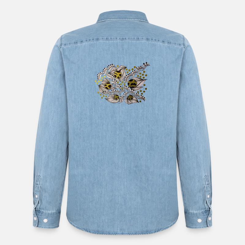 Leaf Lines Pattern with Gold Dots - Men’s Organic Denim Shirt by Stanley/Stella - light wash