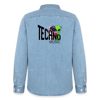 Alien Hug Duo Neon Glow - Men’s Organic Denim Shirt by Stanley/Stella - light wash - Back - AI Model Male 185 light (185cm)