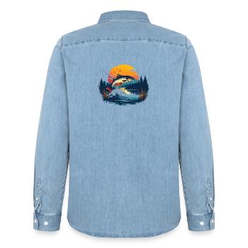 Fischsprung am Sonnenuntergang - im Wald - Männer Jeanshemd Organic von Stanley/Stella - verwaschenes Hellblau - Hinten - AI Model Male 185 light (185cm)