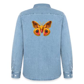 Emperor Moth Saturnia pavonia Cartoon Style - Chemise en denim homme bio Stanley/Stella - bleu clair délavé - Dos - AI Model Male 185 light (185cm)