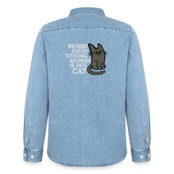 Cat Behind Every Strong Woman Annoyed Grumpy - Men’s Organic Denim Shirt by Stanley/Stella - light wash - Back - AI Model Male 185 light (185cm)