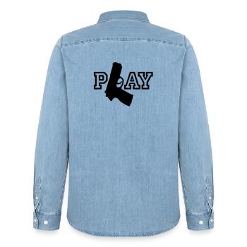 Play | Gun | Waffe - Men’s Organic Denim Shirt by Stanley/Stella - light wash - Back - AI Model Male 185 light (185cm)