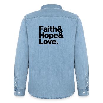 faith love hope - glaube hoffnung liebe - Chemise en denim homme bio Stanley/Stella - bleu clair délavé - Dos - AI Model Male 185 light (185cm)
