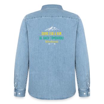 Going for a Run. Be Back Tomorrow. Ultra Runners - Men’s Organic Denim Shirt by Stanley/Stella - light wash - Back - AI Model Male 185 light (185cm)