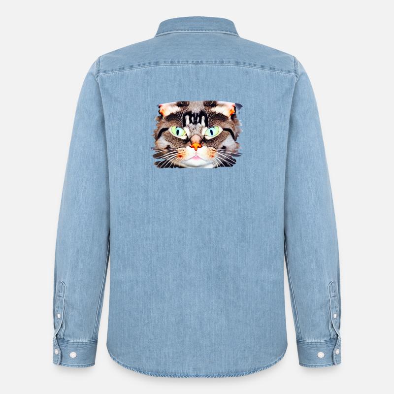 Neon Katzenblick Porträt - Männer Jeanshemd Organic von Stanley/Stella - verwaschenes Hellblau