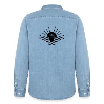sunset sea urn - Men’s Organic Denim Shirt by Stanley/Stella - light wash - Back - AI Model Male 185 light (185cm)