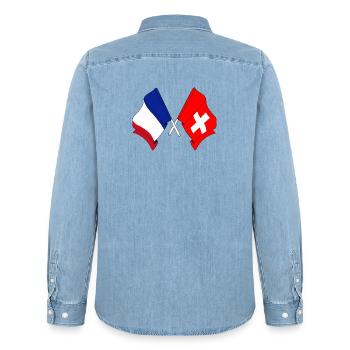 Flag of France and flag of Switzerland - Men’s Organic Denim Shirt by Stanley/Stella - light wash - Back - AI Model Male 185 light (185cm)