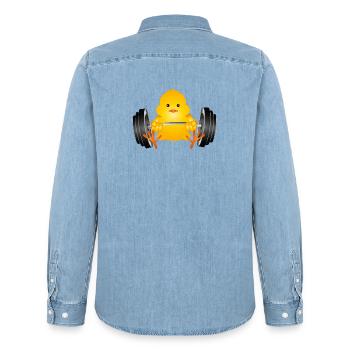 Bodybuilder chick with dumbbell during workout - Men’s Organic Denim Shirt by Stanley/Stella - light wash - Back - AI Model Male 185 light (185cm)