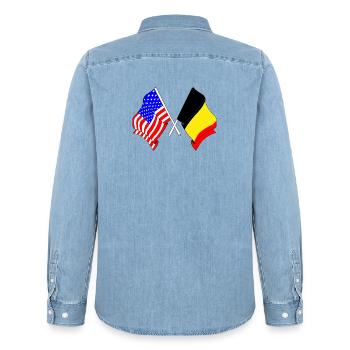 USA flag and Belgium flag - Men’s Organic Denim Shirt by Stanley/Stella - light wash - Back - AI Model Male 185 light (185cm)