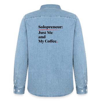 Solopreneur Vibes: Just Me & My Coffee [Black] - Men’s Organic Denim Shirt by Stanley/Stella - light wash - Back - AI Model Male 185 light (185cm)