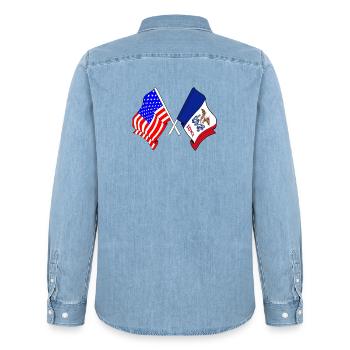 USA and Iowa state flag crossed - Men’s Organic Denim Shirt by Stanley/Stella - light wash - Back - AI Model Male 185 light (185cm)