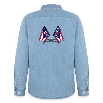 wee flags text OHIO - Men’s Organic Denim Shirt by Stanley/Stella - light wash - Back - AI Model Male 185 light (185cm)