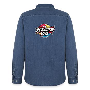 Révolution Amour - Chemise en denim homme bio Stanley/Stella - bleu moyen délavé  - Dos - AI Model Male 185 light (185cm)
