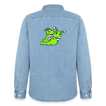 2 amis chevauchant une chenille père mère enfant papa maman - Chemise en denim homme bio Stanley/Stella - bleu clair délavé - Dos - AI Model Male 185 light (185cm)