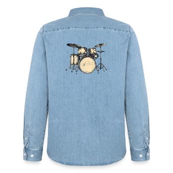 Rocking drum design for music lovers - Men’s Organic Denim Shirt by Stanley/Stella - light wash - Back - AI Model Male 185 light (185cm)