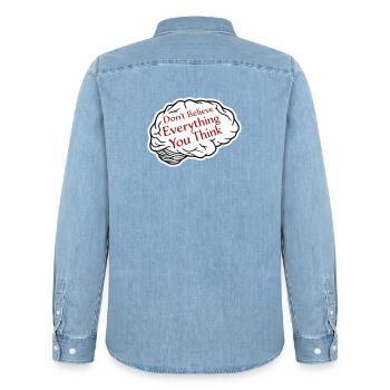 Don't Believe Everything You Think Saying Wisdom - Men’s Organic Denim Shirt by Stanley/Stella - light wash - Back - AI Model Male 185 light (185cm)