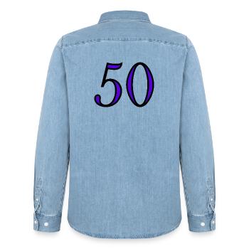 50. 50 YEARS. 50th ANNIVERSARY. 50 YEARS ANNIVERSARY. - Men’s Organic Denim Shirt by Stanley/Stella - light wash - Back - AI Model Male 185 light (185cm)
