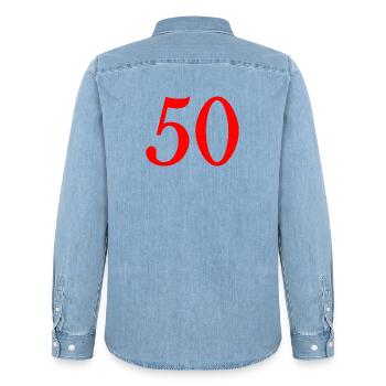 50. 50 YEARS. 50th ANNIVERSARY. 50 YEARS ANNIVERSARY. - Men’s Organic Denim Shirt by Stanley/Stella - light wash - Back - AI Model Male 185 light (185cm)