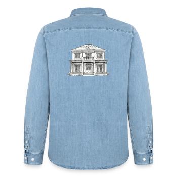 Villa façade drawing vintage style - Men’s Organic Denim Shirt by Stanley/Stella - light wash - Back - AI Model Male 185 light (185cm)