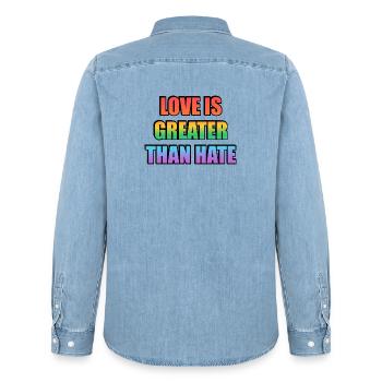 Love Is Greater Than Hate Rainbow - Men’s Organic Denim Shirt by Stanley/Stella - light wash - Back - AI Model Male 185 light (185cm)