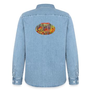 Indompté - Prairie vibrante d’échinacées sauvages - Chemise en denim homme bio Stanley/Stella - bleu clair délavé - Dos - AI Model Male 185 light (185cm)