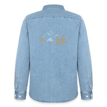 Night Mountain Camping Scene - Men’s Organic Denim Shirt by Stanley/Stella - light wash - Back - AI Model Male 185 light (185cm)
