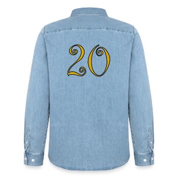 20. 20e ANNIVERSAIRE. ANNIVERSAIRE 20 ANS. 20 ANS. - Chemise en denim homme bio Stanley/Stella - bleu clair délavé - Dos - AI Model Male 185 light (185cm)