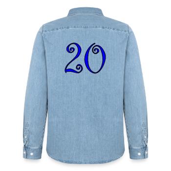 20. 20e ANNIVERSAIRE. ANNIVERSAIRE 20 ANS. 20 ANS. - Chemise en denim homme bio Stanley/Stella - bleu clair délavé - Dos - AI Model Male 185 light (185cm)