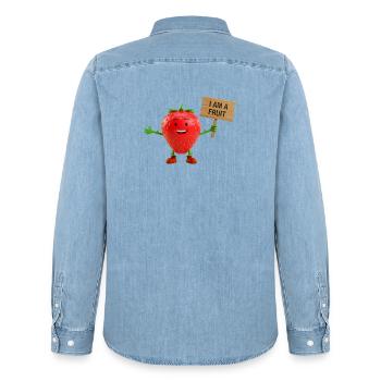 Strawberry with a sign - Men’s Organic Denim Shirt by Stanley/Stella - light wash - Back - AI Model Male 185 light (185cm)