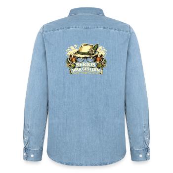 Trachtenshirts_-_Serioes_war_gestern - Männer Jeanshemd Organic von Stanley/Stella - verwaschenes Hellblau - Hinten - AI Model Male 185 light (185cm)