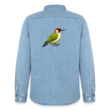 Green Woodpecker - Men’s Organic Denim Shirt by Stanley/Stella - light wash - Back - AI Model Male 185 light (185cm)