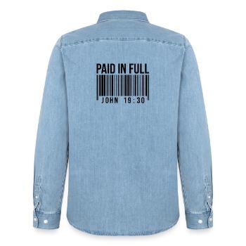 Payé en totalité - Jean 19:30 - Streetwear à codes-barres - Chemise en denim homme bio Stanley/Stella - bleu clair délavé - Dos - AI Model Male 185 light (185cm)