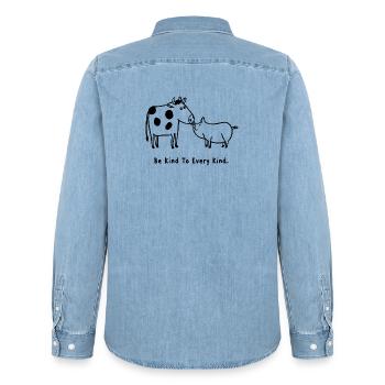 Be Kind To Every Kind Vegan Cow Pig - Men’s Organic Denim Shirt by Stanley/Stella - light wash - Back - AI Model Male 185 light (185cm)