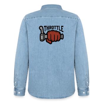 Throttle Throttle Grip Lettering - Men’s Organic Denim Shirt by Stanley/Stella - light wash - Back - AI Model Male 185 light (185cm)