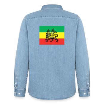 Haile Selassie I Jah Rastafari Rasta Reggae Roots - Men’s Organic Denim Shirt by Stanley/Stella - light wash - Back - AI Model Male 185 light (185cm)