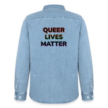 Queer Lives Matter Rainbow Neon - Men’s Organic Denim Shirt by Stanley/Stella - light wash - Back - AI Model Male 185 light (185cm)