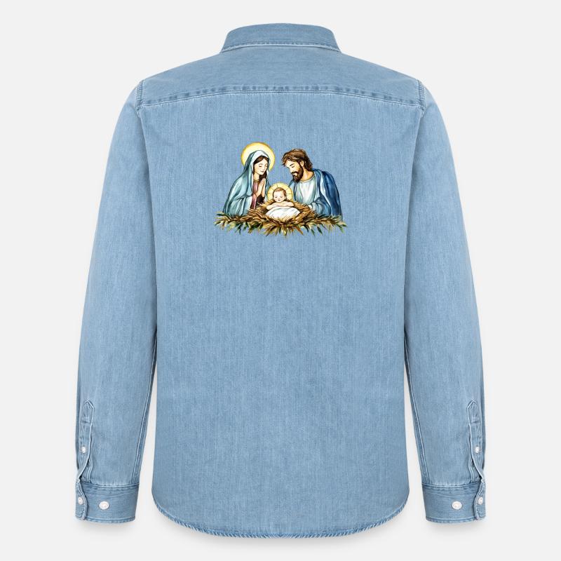 Weihnachtspullover Weihnachten an der Krippe Jesus - Männer Jeanshemd Organic von Stanley/Stella - verwaschenes Hellblau