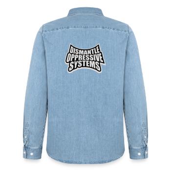 Déclaration d’activisme pour démanteler les systèmes oppressifs - Chemise en denim homme bio Stanley/Stella - bleu clair délavé - Dos - AI Model Male 185 light (185cm)