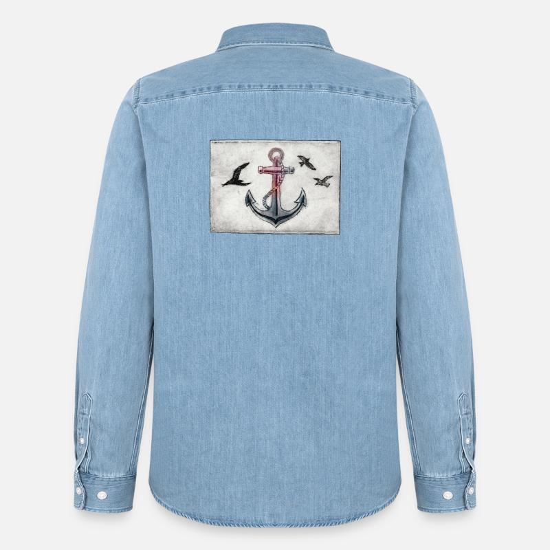 Anker mit Möwen - handgeschnitzte Druckvorlage - Männer Jeanshemd Organic von Stanley/Stella - verwaschenes Hellblau