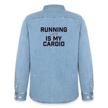 Running Late Is My Cardio Saying - Men’s Organic Denim Shirt by Stanley/Stella - light wash - Back - AI Model Male 185 light (185cm)