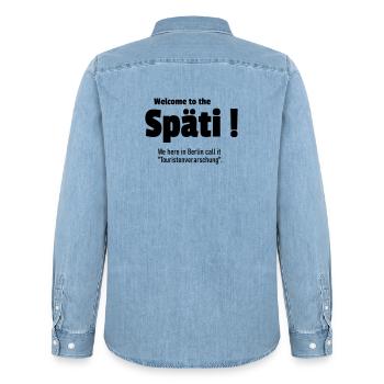 Welcome to the Späti - Men’s Organic Denim Shirt by Stanley/Stella - light wash - Back - AI Model Male 185 light (185cm)