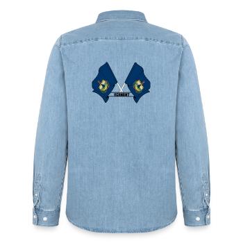 Two flags text VERMONT - Men’s Organic Denim Shirt by Stanley/Stella - light wash - Back - AI Model Male 185 light (185cm)