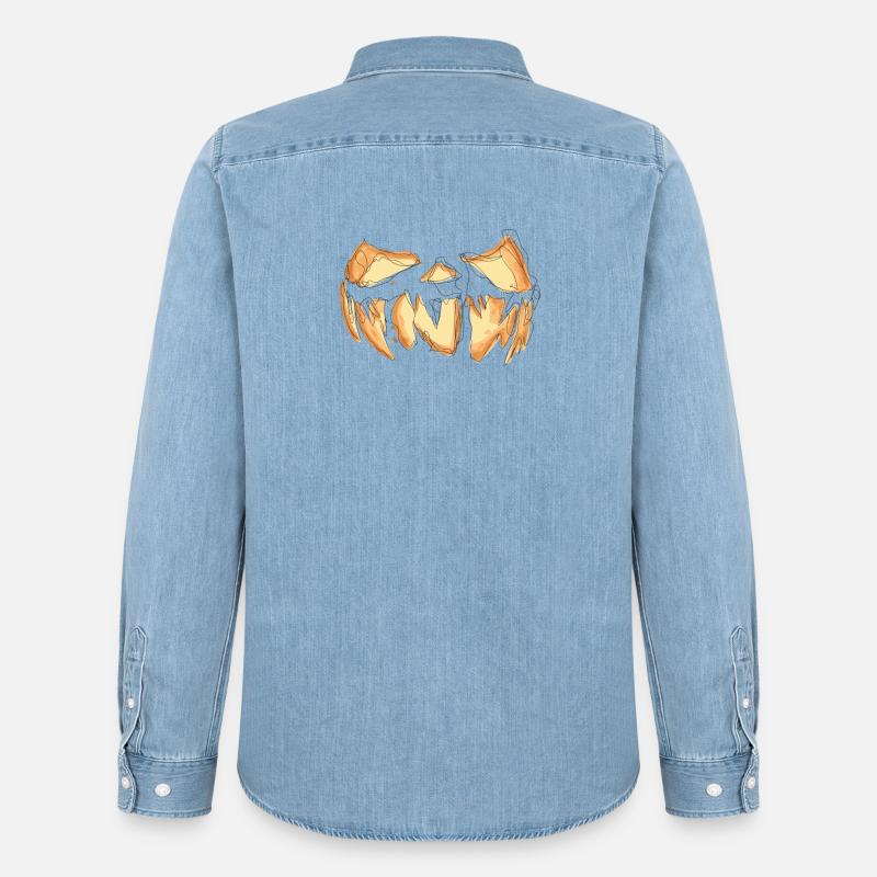 Pumpkin Face Halloween Scribble - Stanley/Stella Denim Shirt - light wash