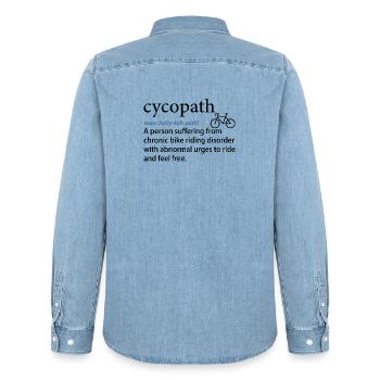 Noun Path Phonetic Print - Men’s Organic Denim Shirt by Stanley/Stella - light wash - Back - AI Model Male 185 light (185cm)