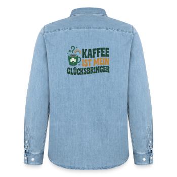 Kaffee ist mein Glücksbringer - Männer Jeanshemd Organic von Stanley/Stella - verwaschenes Hellblau - Hinten - AI Model Male 185 light (185cm)